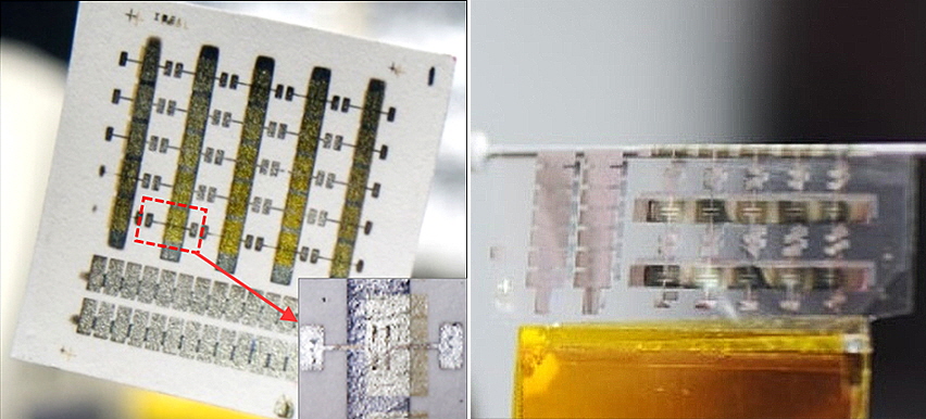 종이에 제작된 플래시 메모리(좌), 폴더블 플래시 메모리(우)(사진:KAIST)