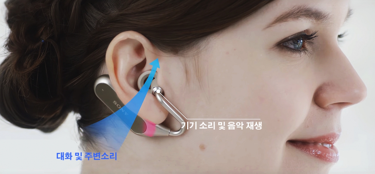 Xperia Ear Duo는 듀얼 리스닝(dual listening) 기술을 사용하여 주위의 소리를 들으면서 음악을 듣거나 대화를 즐길 수 있다(사진:소니, 편집:본지)