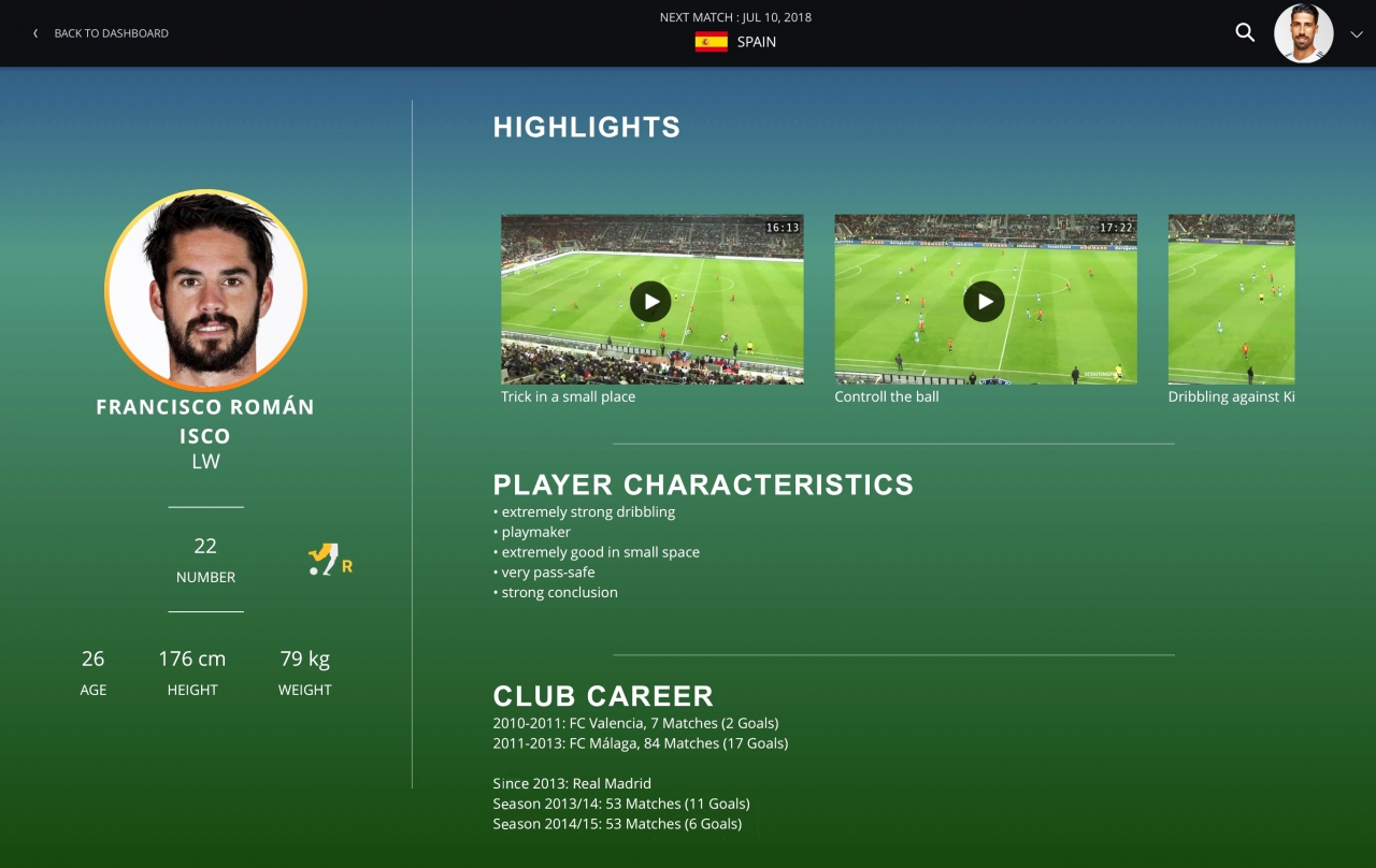 SAP와 독일축구협회가 공동 개발한 '플레이어 대시보드(Player Dashboard)' 시연화면(사진:SAP)