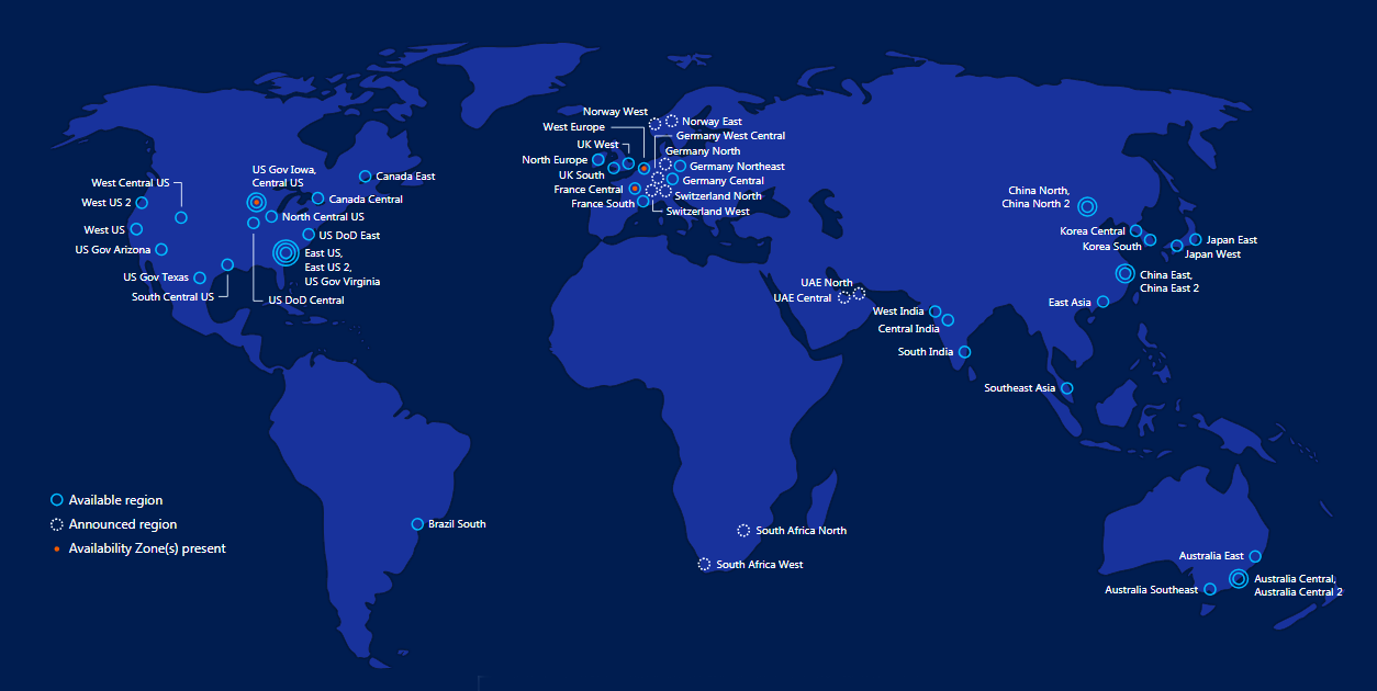 마이크로소프트의 전 세계 54개의 클라우드 데이터 센터 리전 위치