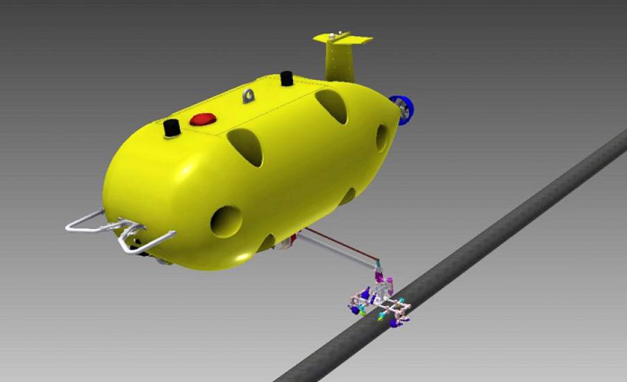가와사키의 로봇 팔을 갖춘 자율무인 잠수정(AUV) 시연 이미지(사진:가와사키중공업)