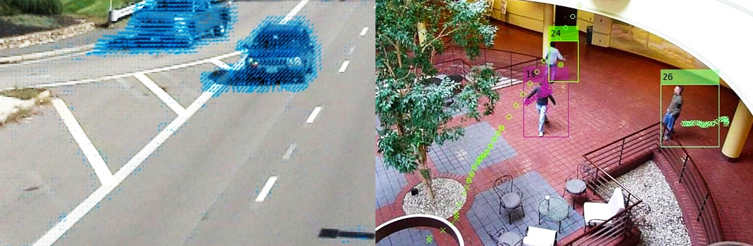 컴퓨터 비전 도구 상자: 비디오 및 이미지 시퀀스에서 모션을 추정하고 객체를 추적한다. 사진은 고정 카메라로 움직이는 물체를 감지(왼쪽)하며, 추적된 물체의 궤도를 나타낸다.
