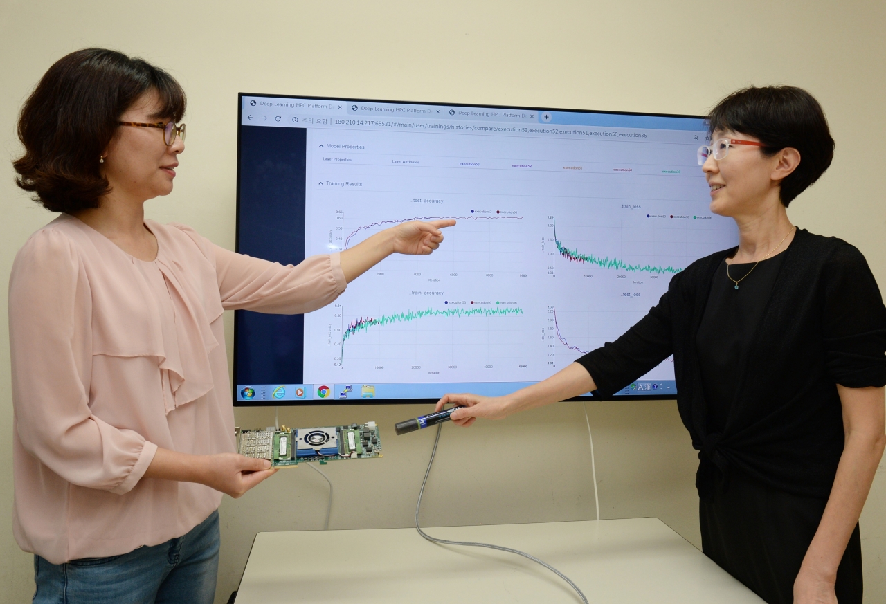 ETRI 연구진이 개발한 딥러닝 대시보드에서 인공지능 모델 학습 후 속도를 측정하는 모습으로 왼쪽부터 임은지 책임연구원, 박유미 클라우드기반SW연구실장(사진:ETRI)