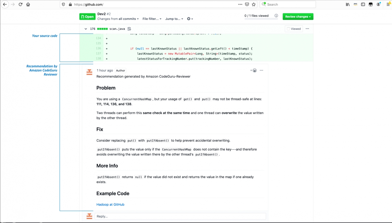 Amazon CodeGuru Reviewer는 풀 요청을 스캔하고 Github 또는 AWS CodeCommit의 소스 코드에 대한 권장 사항과 문제의 원인 및 해결 방법에 대한 설명을 제공한다.