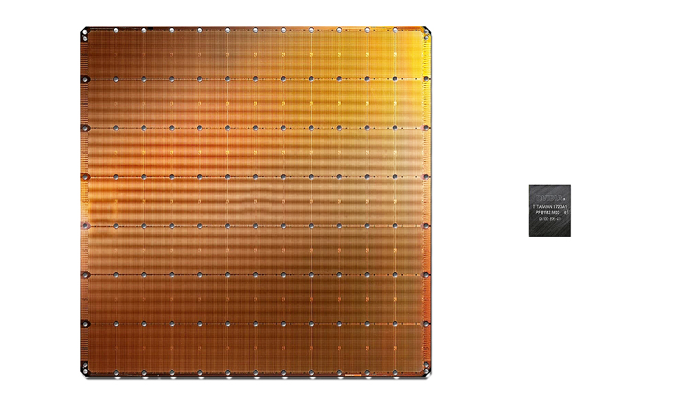 세레브라스 시스템(Cerebras Systems)의 세계 최대 칩셋은 가장 큰 칩(왼쪽)으로 현재, 가장 큰 그래픽 처리 장치(오른쪽) 크기의 56 배로 세계 최대 크기의 칩인 웨이퍼 스케일 엔진(WSE)은 딥러닝 시스템 Cerebras CS-1의 핵심이다.(사진:세라브라스)