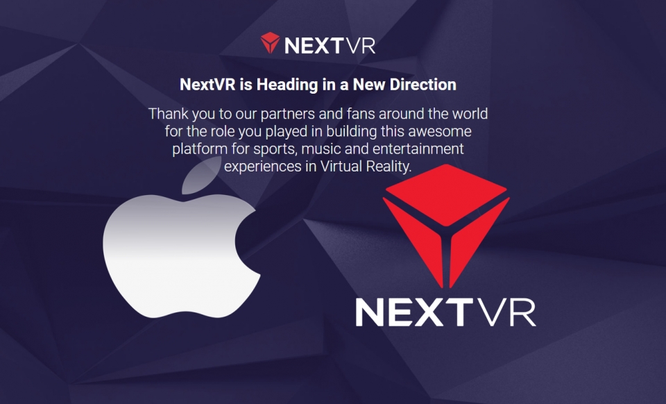 사진은 NextVR의 홈페이지 캡처 이미지로 지난 주부터 "새로운 방향으로 나아가고 있습니다"라고 안내하고 있다(각사 로고편집:본지)