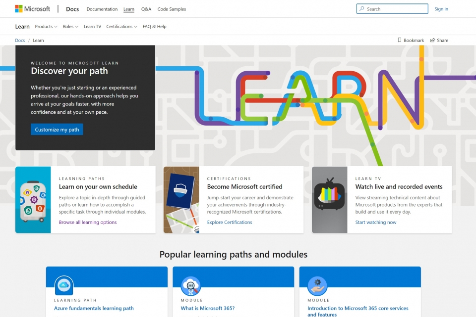 마이크로소프트 런 (Microsoft Learn) 홈페이지