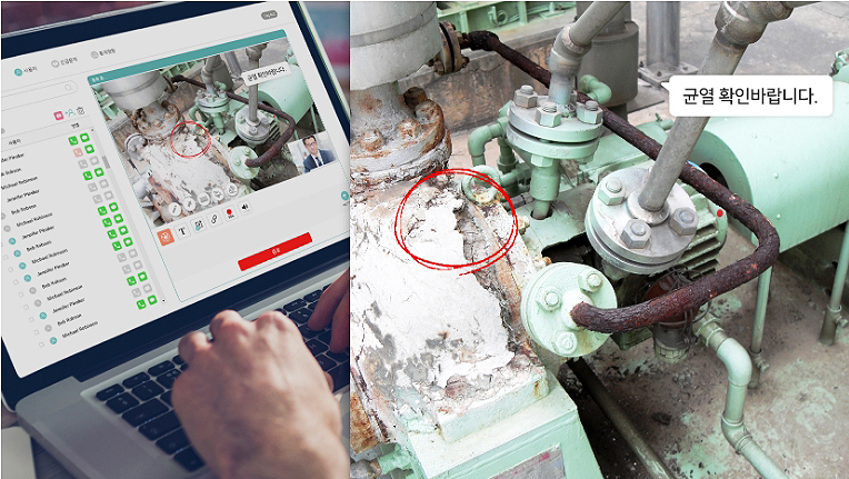 사진은 ARWORK Remote 시연 화면으로 양방향통신기술을 적용하여 원거리의 전문가, 동료와 현장 작업자의 스마트글래스 카메라 영상을 실시간 공유하며, 현장 작업에 필요한 정보를 전송하거나, 긴급상황 시 신속한 대응 지원 등 원격 협업이 가능하다.
