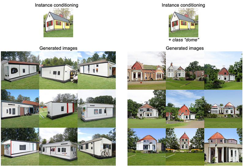 IC-GAN은 표시된 집의 그래픽을 사용하여 아래에 보다 현실적으로 보이는 건물을 만들 수 있다(사진:페이스북)