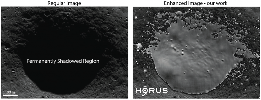 동일 장소에서 왼쪽은 Lunar Reconnaissance Orbiter가 촬영한 이미지, 오른쪽은 AI로 이미지 처리 후 이미지 비교