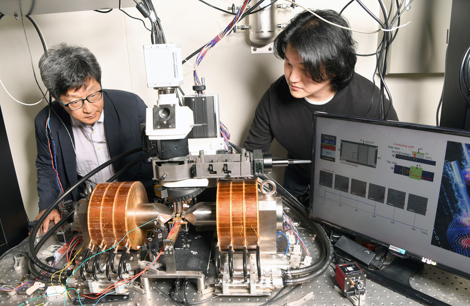 KRISS 양자기술연구소 황찬용 책임연구원(좌), 양승모 선임연구원(우)이 스커미온을 이용해 실험을 진행하고 있다