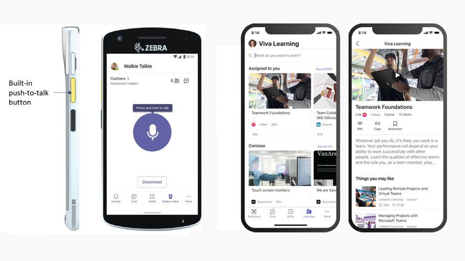 지브라 휴대용 컴퓨터에서 구동되는 ‘팀즈 워키토키 앱(왼쪽)’과 팀즈에서 학습 콘텐츠를 검색하고 공유할 수 있는 ‘비바 러닝 앱(오른쪽)’