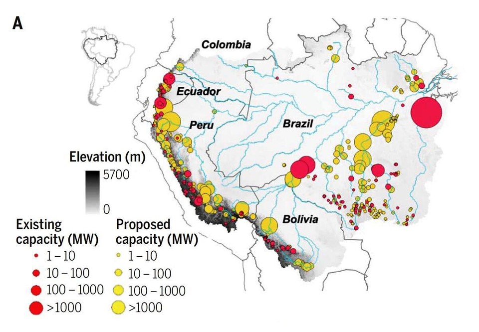아마존 유역에 있는 158개의 기존(빨간색) 및 351개의 제안된(노란색) 수력발전 댐의 위치 및 에너지 생성 용량(출처:Flecker et al. 2022)