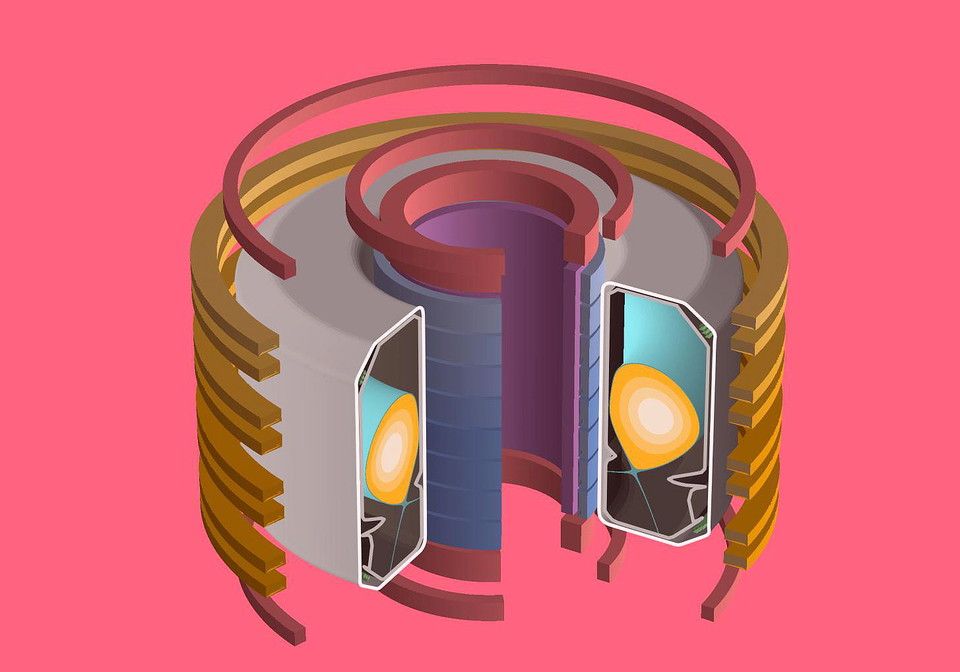 플라즈마를 제자리에 유지하고 모양에 영향을 주기 위해 다양한 자기 코일로 둘러싸인 플라즈마가 들어 있는 TCV 진공 용기의 3D 모델(사진:딥마인드, SPC/EPFL)