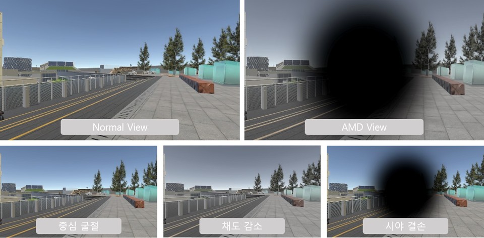 저시력 증상 시뮬레이션의 피험자 시점으로 여러가지 시력 결손 증상을 VR 공간상에서 구현한 모습