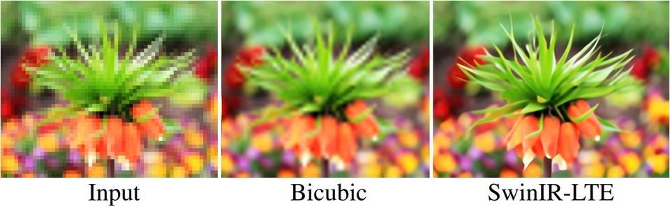 bicubic 보간법과의 비교:(왼쪽부터) 저해상도 인풋 이미지, bicubic interpolation 이미지(기존 TV/모니터), 연구팀의 LTE 고해상도 변환 이미지.