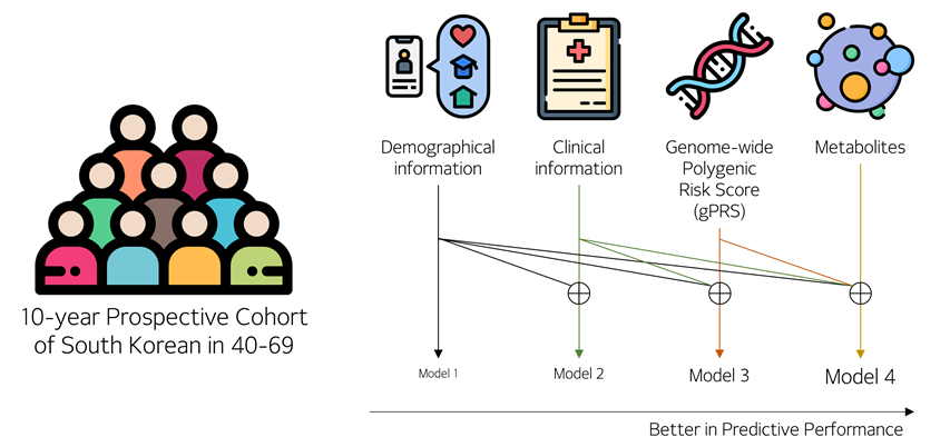 한국인에 특화된 제2형 당뇨 발병 예측을 위한 기계 학습 모델 개발 개요:한국인 대상 코호트(왼쪽)에서 추출한 한국인 특화 인구통계학적 정보(model 1), 임상 정보(model 2), 유전자 정보(model 3), 대사체 정보(model 4)를 점진적으로 추가하는 방식으로 여러 제2형 당뇨 발병 예측 모델을 개발했다. 정보가 추가됨에 따라 모델의 예측 정확도가 향상된다.