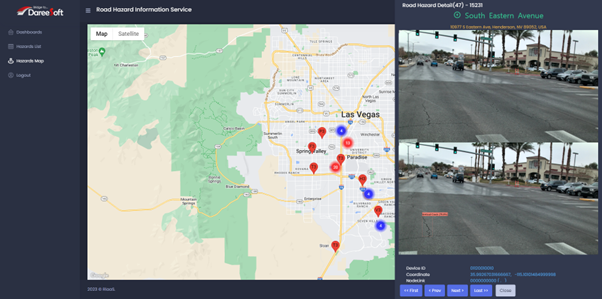 미국 RiaaS 관제 서비스 지도 화면에 표시된 도로 위험정보