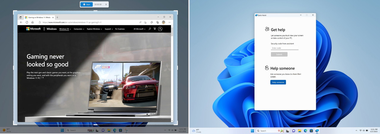 윈도우 인기 앱인 캡처도구(왼쪽)에 스크린 녹화 기능이 추가됐다. 빠른지원 앱(오른쪽)도 재설계되어 상대방과의 보다 빠른 연결과 화면 공유 및 원격 제어 전환을 지원한다.