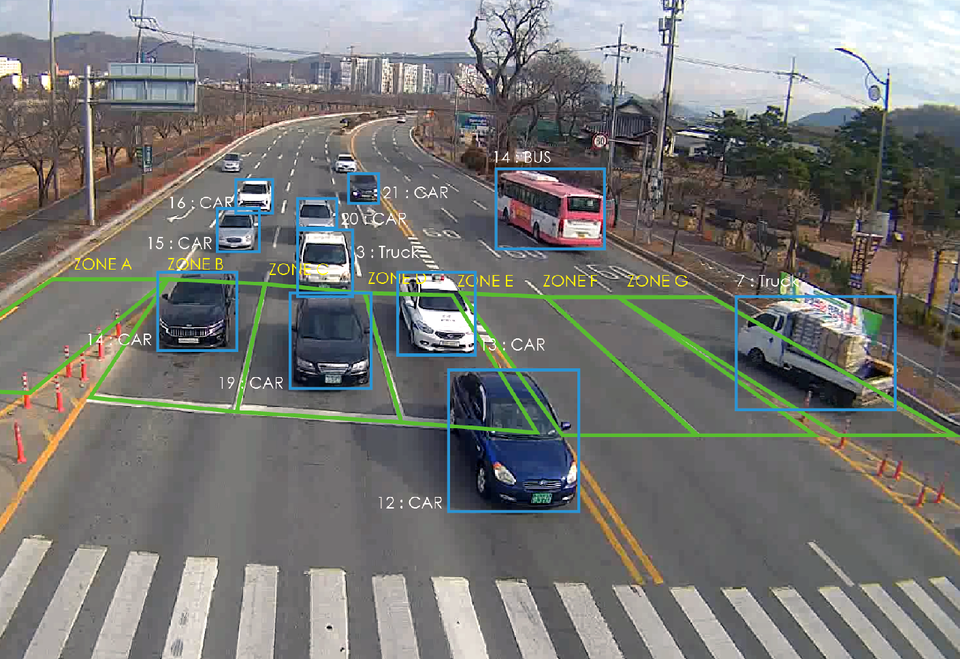 CCTV 영상분석을 통한 차선‧차종별 차량감지 시연 화면(사진:행안부)