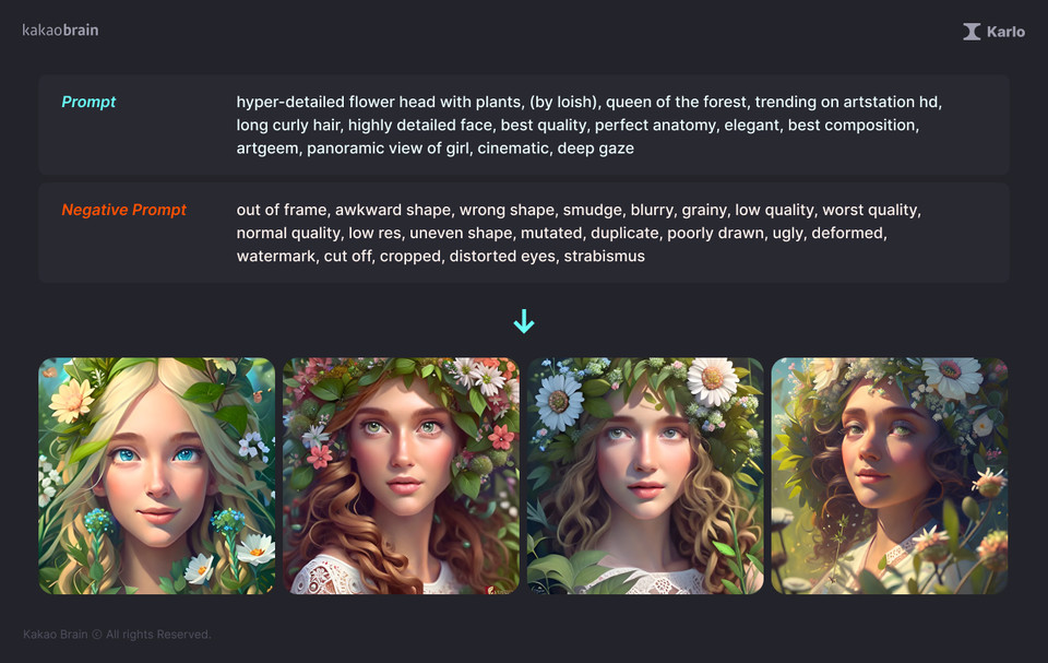 칼로 웹 서비스로 구현한 숲의 여왕 프롬프트 시연 화면