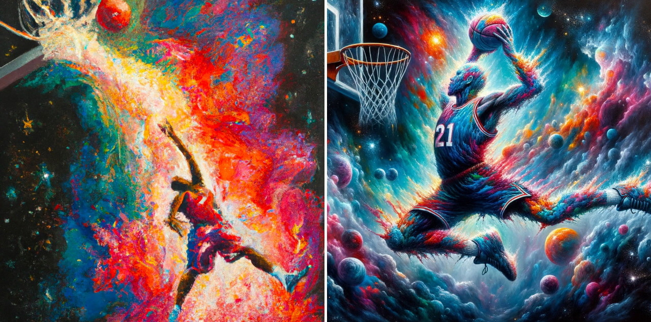 (왼쪽부터 DALL-E 2와 DALL-E 3 비교 생성이미지 ) 프롬프트:"성운이 폭발하는 것처럼 묘사된 농구 선수의 덩크슛"을 표현한 유화 작품 