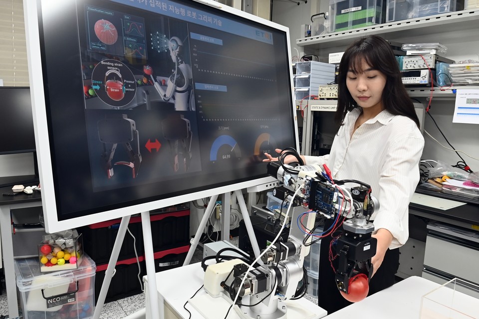 지능형부품센서연구실 민유림 연구원이 멀티 모달 유연 센서가 집적된 지능형 로봇 그리퍼 기술로 토마토를 잡는 실험하는 모습(사진:ETRI)
