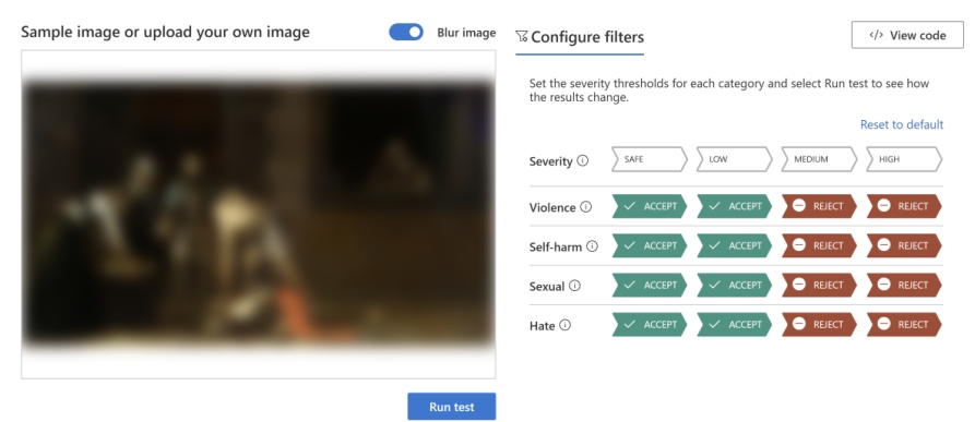 Azure AI Content Safety의 이미지 조정 도구를 사용하면 고객은 이미지에 대한 테스트를 쉽게 실행하여 콘텐츠 표준을 충족하는지 확인할 수 있다.