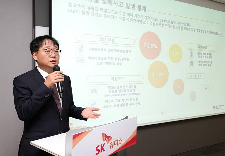 O presidente do grupo empresarial SK Shielders EQST, Jae-Woo Lee, faz uma apresentação sobre 