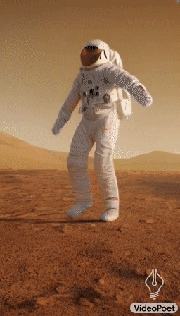 텍스트 “우주비행사가 화성에서 춤을 추기 시작합니다. 화려한 불꽃놀이가 배경에서 터집니다.”