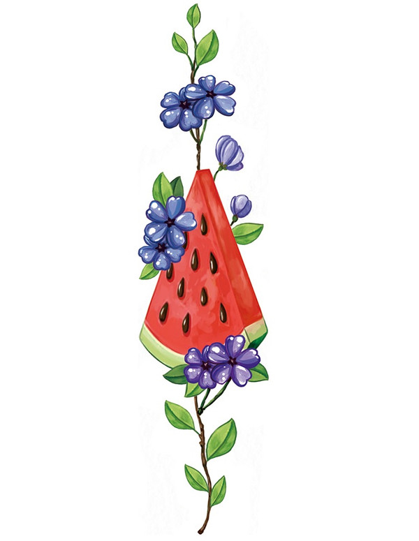타투 프린터 ‘임프린투’ AI 생성 도안(입력 텍스트 "삼각형 모양의 수박 조각, 보라색 꽃, 녹색 잎") 예시
