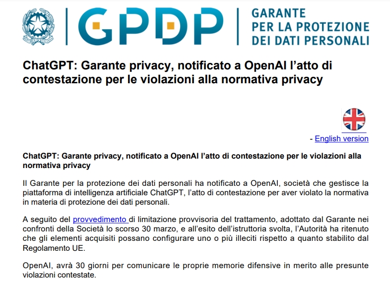  챗 GPT 개인 정보 보호법 위반, 오픈AI에 통보 GPDP 갈무리