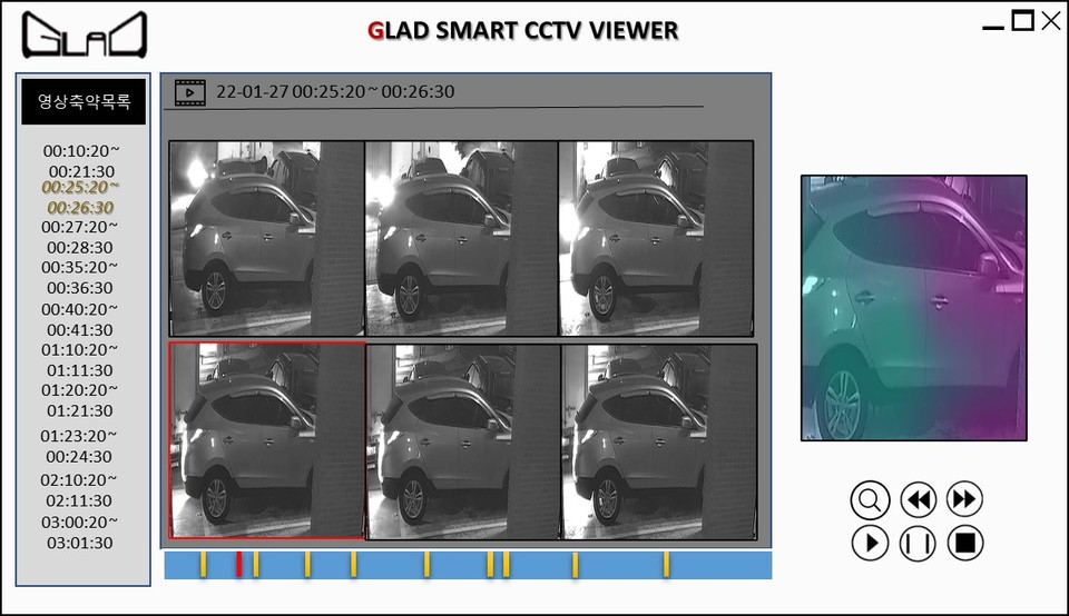 사용자 소프트웨어 예시: 블랙박스영상에서 차량의 좌측 상단의 3톤 트럭이 후진을 하다가 SUV와 충돌하고 있다. 사용자 소프트웨어는 해당 시점을 왼쪽 시간표에 표기하고 있다.